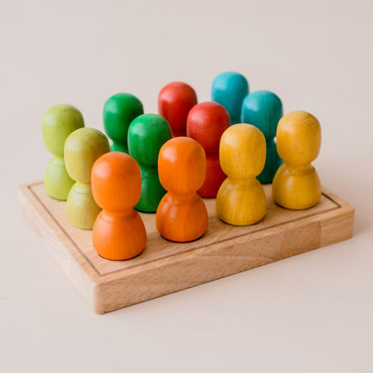 Mini Rainbow People on Wooden Tray